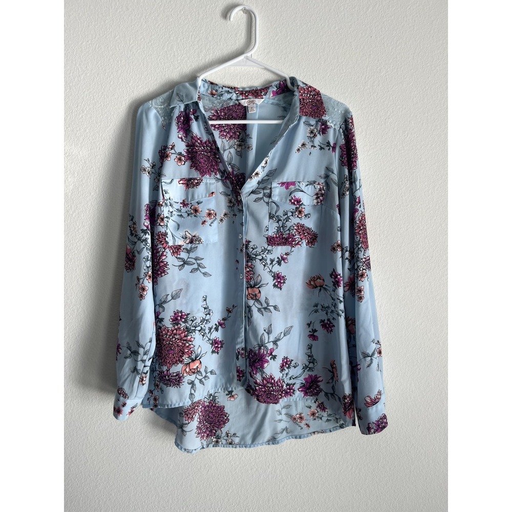 Candie's Blouse Top Womens Medium Blue Floral Print High Low Hem Button Up Shirt